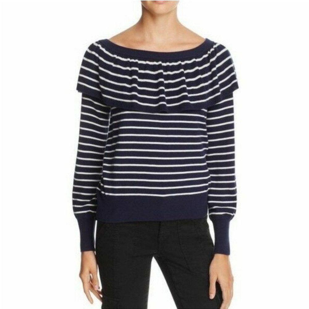 JOE ADINAM BLUE WHITE STRIPED OFF SHOULDER RUFFLE KNIT SWEATER